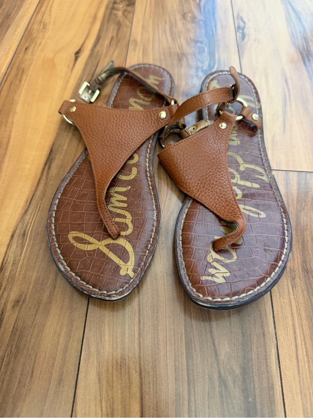 Sam Edelman Tan Brown Textured Leather Slingback Sandals - Picture 2 of 9